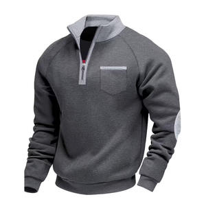 Sweat-shirt en molleton gris pour homme, col montant, manches raglan, poche, coupe décontractée, couleur unie, tricoté, automne - Product Image 4