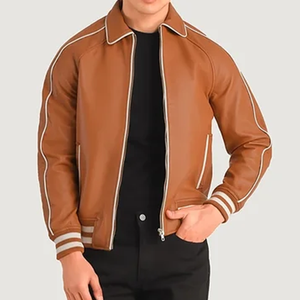 <b>Men's</b> Brown PU <b>Bomber</b> <b>Jacket</b> Turn-Down Collar Zipper Closure Casual Autumn Wear Regular Fit Solid Color Woven Shell - Product Image 2