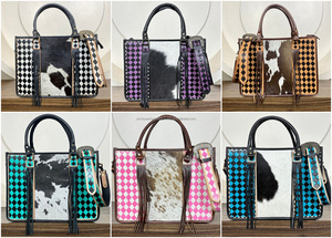 Bolso Tote de Cuero Vacuno Repujado de Primera Calidad para Mujer, Patrón de Tablero de Damas Morado y Negro, Bolso Bandolera y de Hombro con Flecos - Product Image 3