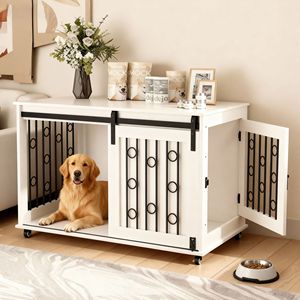 39.37ft Modern Wooden Dog <b>Crate</b> Furniture Rectangle Indoor Kennel End Table Sliding Barn Door Side Door for Small Medium Dogs - Product Image 1