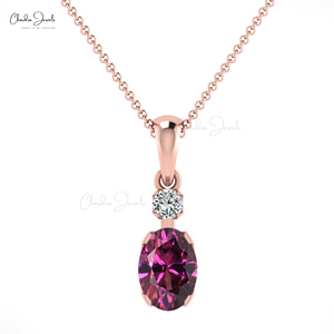 Pendentif artisanal en or massif 14 carats avec grenat rhodolite naturel 7x5mm et accent de diamant, vente en gros, collier personnalisable - Product Image 3