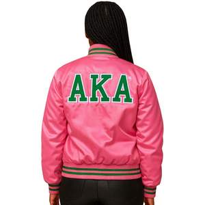 แจ็คเก็ตวาร์ซิตี้สีชมพูผ้าซาติน รุ่นปี 1908 ทรงบอมเบอร์สำหรับผู้หญิง สไตล์เครื่องแต่งกายแบบกรีก  ตกแต่งด้วยลายปักแบบแอพพลิเค  ผ้าซาตินสำหรับสวมทับ - Product Image 2