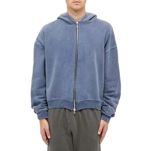 Vente en gros de sweats à capuche zippés pour hommes, personnalisés, coupe courte et carrée, qualité supérieure, effet vieilli, avec broderie et patchs appliqués, délavage acide, collection automne, 100% coton - Product Image 3