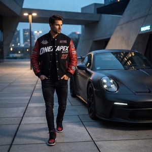 Blouson de course noir et rouge pour homme, style Letterman, brodé, streetwear, vente en gros - Product Image 2