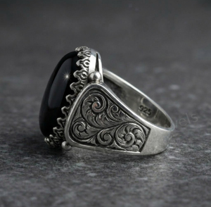 Anillo de Plata de Ley 925 con Baño de Rodio, con Gema de Ónix Negro Ovalado de 10x14mm, Estilo Vintage, Unisex, el Más Vendido, para Aniversario - Product Image 2