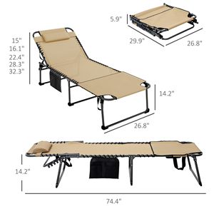 Sdraio Pieghevole Beige con Schienale Reclinabile e Foro per la Lettura, Sedia da Piscina in Rattan e Ferro con Tasca Laterale - Product Image 3
