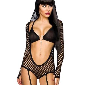 Women Sheer Mesh Jumpsuit Long Sleeve Halter Neck Low Waist Sexy Clubwear Breathable Dot Pattern Above Knee Fit Regular - Product Image 2