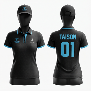 เสื้อกอล์ฟผู้หญิง พรีเมียม โพลีเอสเตอร์ 160 GSM ระบายอากาศ แห้งเร็ว สีดำ แต่งขอบสีน้ำเงิน ลายเรขาคณิต พิมพ์โลโก้ ชื่อ และหมายเลขตามสั่ง - Product Image 1