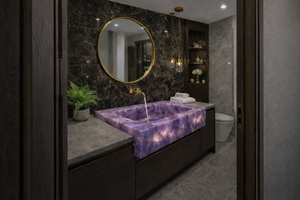 Lavabo de Baño de Lujo con Piedra Amatista Morada y Grifo Dorado, Lavabo Rectangular Moderno para Encimera - Product Image 4