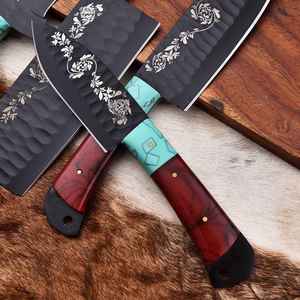 Ensemble de couteaux de cuisine forgés à la main sur mesure, 5 pièces, ensemble de couteaux de chef noirs martelés avec lame à motif floral gravé, manche hybride en résine turquoise - Product Image 3