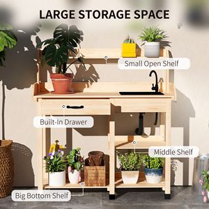 Tavolo da Giardino per Giardinaggio con Lavello Rimovibile, Rubinetto, Cassetti, Ripiani e Ganci - Stazione di Lavoro in Legno Naturale - Product Image 5