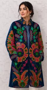 Manteau long en velours Suzani brodé à la main pour femme, bleu roi, motif floral Paisley, veste longue ouverte sur le devant, robe kimono, style bohème, hiver - Product Image 4