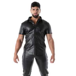 Polo en cuir noir pour homme, coupe ajustée, manches courtes, respirant, écologique, effet seconde peau, style formel, clubwear, mode sexy pour soirée - Product Image 5