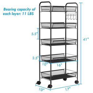 "Lockable 5 Tier Mesh Rolling Cart with 5 Square <b>Baskets</b> & 5 Hooks <b>for</b> Utility <b>Storage</b> (Plastic)" - Product Image 3