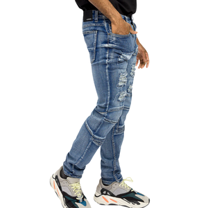 Pantalons en denim stretch déchirés à panneaux côtelés de style moto pour hommes, look motard tendance, streetwear décontracté, vente en gros OEM ODM - Product Image 3