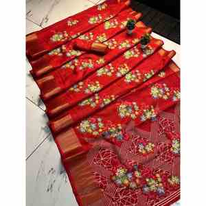 TENDANCE DOLA SOIE TISSANT JARI TRAVAIL JACQUARD BORDER SAREE AVEC BLOUSE NON COUCHÉE ROUGE - Product Image 1