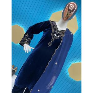 BORDADO DE SECUENCIA DE TERCIOPELO A LA MODA CON PANTALÓN SUPERIOR DE TRABAJO DE ESPEJO REAL CON DUPATTA AZUL MARINO - Product Image 5