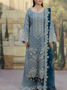 Costume pakistanais brodé gris bleu, 3 pièces, longueur au sol, shalwar kameez, vêtements de fête pour femmes - Product Image 1
