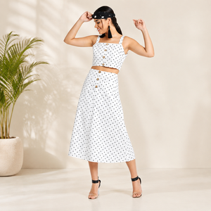 Custom Women's <b>White</b> Polka Dot Sleeveless Crop Top Midi Skirt <b>Set</b> Summer Casual Two <b>Piece</b> Outfit OEM ODM Wholesale Manufacturer - Product Image 4