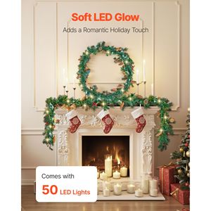 Ghirlanda Artificiale Luminosa da 2,7 m per Interni, Decorazione in PVC Verde con Bacche e Aghi di Pino, Ghirlanda Festiva Finta per Decorazioni - Product Image 3