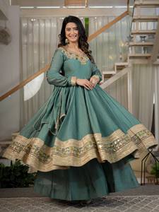 Green Embroidered Silk Reversible Moisture-Wicking Wrinkle-Free Floor-Length Loose-Fit <b>Kurti</b> Set Heavy Dupatta <b>Indian</b>/Pakistani - Product Image 1