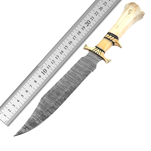 Couteau de chasse à lame fixe en acier Damas avec manche en os, fourreau en cuir fait main, couteau de survie pour l'extérieur - Product Image 4