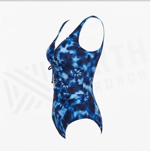 Women's Tie Dye One Piece Swimsuit Deep V Neck Ruched Drawstring Stretch Bodysuit <b>Blue</b> Pattern Knitted Spandex Polyester - Product Image 3