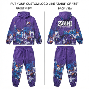 Traje Cortavientos para Hombre, 100% Poliéster, 120 GSM, Ligero, Resistente al Agua, Estampado de Grafiti Morado, Logotipo Bordado Personalizado, OEM - Product Image 1