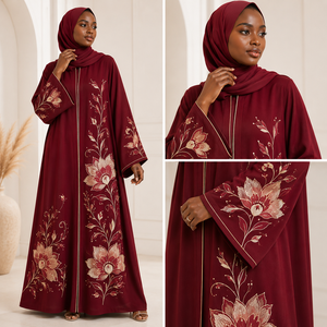 Abaya élégante brodée de fleurs, robe longue à manches longues pour femmes, style moyen-oriental, rouge, pour tous les jours - Product Image 5