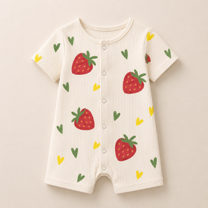 Combinaison à manches courtes unisexe pour bébé, motif fraise mignon |   Combinaison pour bébé 100% coton avec boutons-pression, vêtements décontractés toutes saisons, logo personnalisé - Product Image 1