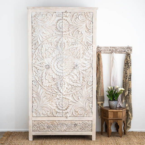 Luxury Handcrafted Solid Wood 2 Door <b>Wardrobe</b> Ornate Botanical Mandala Carving White Distressed Finish - Product Image 3