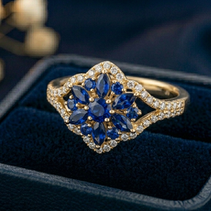 Blue Sapphire Diamond Halo <b>Ring</b> <b>Gold</b> Color Fashion Jewelry Floral Cluster Band for Women - Product Image 4