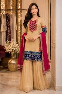 Wholesale Heavy Two Tone Fandy Silk Sharara Plazo Set with Real Mirror Work Embroidery <b>Sequins</b> 3 Piece Wedding Wear Suit - Product Image 1