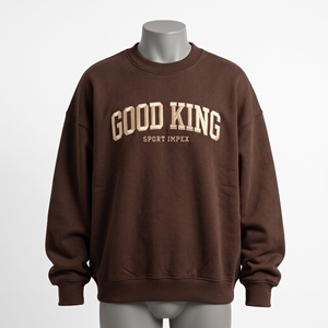 Sudadera de cuello redondo para hombre, color marrón chocolate, con letras arqueadas en parche color canela, de forro polar grueso, estilo oversize, tipo jersey, para distribuidores de exportación - Product Image 1