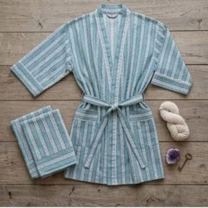 <b>Women</b> Striped Cotton Bamboo Fiber <b>Robe</b> Mandarin Collar Three Quarter Sleeve Knee Length Casual Soft Woven Drawstring Closure - Product Image 5