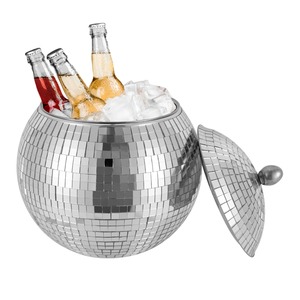 Round Silver Disco Ball Champagne Chiller Party Table Centerpiece Fun <b>Mirrored</b> Tile Ice Bucket - Product Image 1
