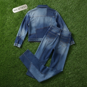 <b>Women</b> Blue Denim <b>Cropped</b> Jacket Patchwork <b>Jeans</b> Set High Waist Wide Leg Pants Two Piece Casual Denim Outfit Wholesale - Product Image 5