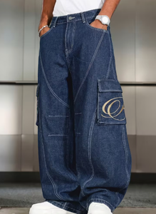 Jean large taille haute pour homme Hardihood International, coupe ample en denim avec poche brodée et motif cachemire - Product Image 4