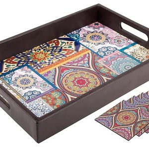 Bandeja de Servir de Madera con Asas, Diseño Decorativo con Estampado de Azulejos, Rectangular, para Servir Té, Café y Comida en el Hogar y Hoteles - Product Image 1