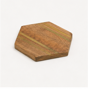 Ensemble de 4 dessous-de-verre hexagonaux en bois artisanal, en bois de Sheesham de qualité supérieure, avec élégantes rayures métalliques, pour la maison et le bureau - Product Image 4
