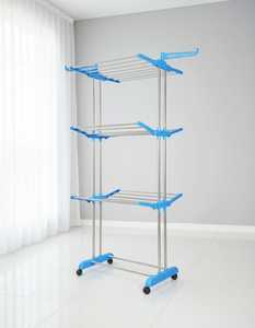 Séchoir à linge pliable moderne en acier inoxydable chromé à trois niveaux, sur roulettes, pour intérieur - Product Image 3