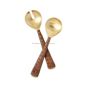 Gold Finish Stainless Steel Salad Fork And <b>Spoon</b> Salad Serving Sets With Rattan Grip Handles - Product Image 1