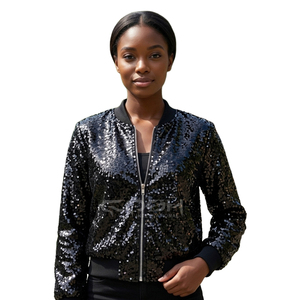 Chaqueta universitaria negra con lentejuelas y purpurina para mujer de Cosh International, de manga larga con cremallera, ropa exterior de moda para hermandades. - Product Image 1