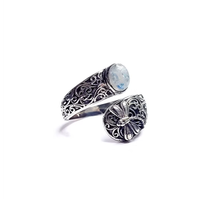 Elegant Oval Moonstone 925 <b>Sterling</b> <b>Silver</b> <b>Ring</b> Handmade Blue Flash Gemstone <b>Adjustable</b> Insect Textured Band - Product Image 2