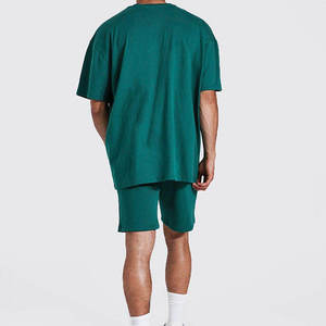 Men's Solid Green Cotton <b>Knitted</b> T-Shirt Shorts <b>Set</b> Casual Summer Wear Crew Neck Short Sleeve Outfit - Product Image 2