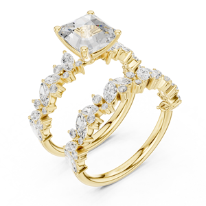 Anillo clásico de oro amarillo macizo de 14 quilates con diamantes cultivados en laboratorio de corte Asscher-Marquise y redondo, anillo de boda para mujer - Product Image 4