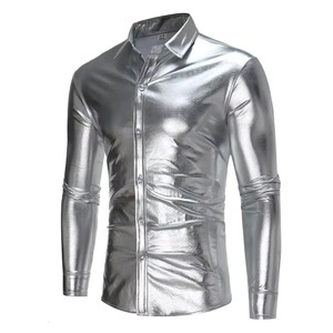 Chemise en cuir pour homme, style automne-hiver, costume de boîte de nuit, finition métallisée argentée, dorée, noire, manches longues - Product Image 1