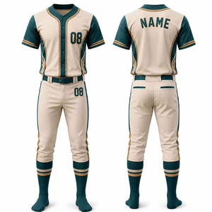 Conjunto de Uniforme de Béisbol para Hombre, Color Crema y Verde, Manga Corta, Cierre de Botones, Transpirable, Pantalones de Jersey de Poliéster con Nombre y Número - Product Image 1