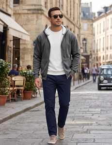 Men's Grey Hooded Zip-Up Sweatshirt Regular Fit Solid Color Cotton French Terry Casual Winter 350 Gsm French Terry Solid Hoodies - Product Image 1
