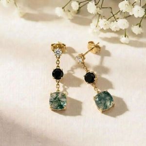 Moss Agate & <b>Black</b> Obsidian Drop Earrings Cushion Cut Green Gemstone Earrings With CZ Accent Elegant Fine Stud Earrings Gift - Product Image 3